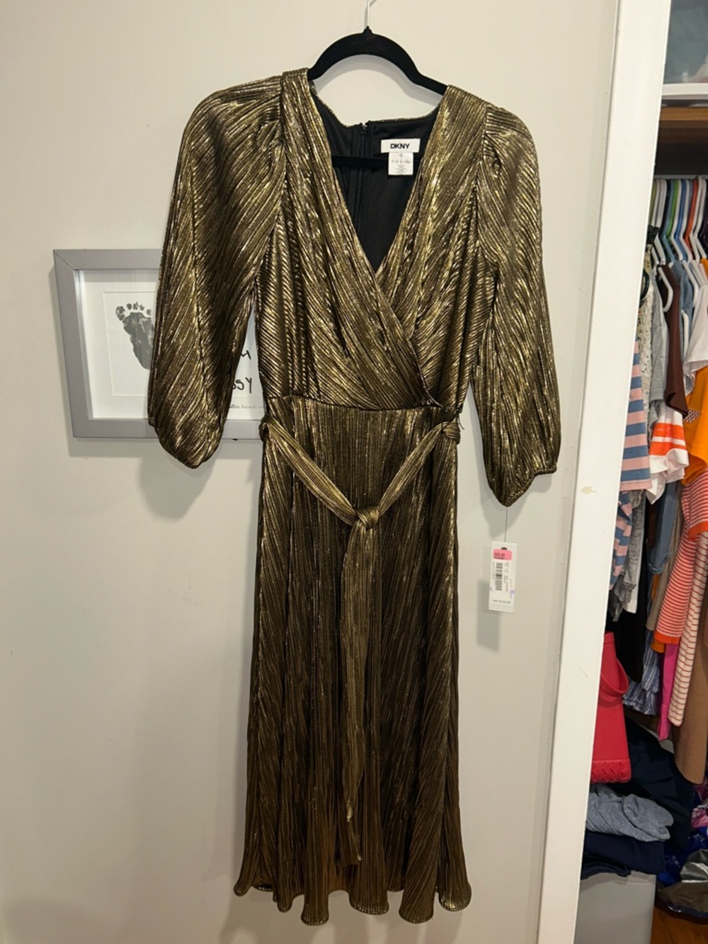 DKNY Gold Pleated Wrap-Style Midi Dress